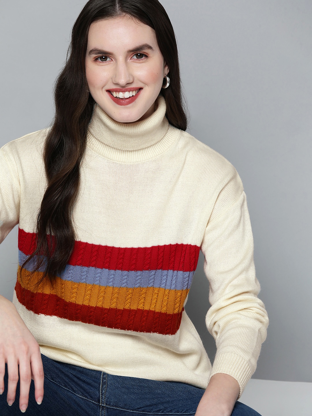 

Mast & Harbour Women Off White & Red Striped Acrylic Pullover