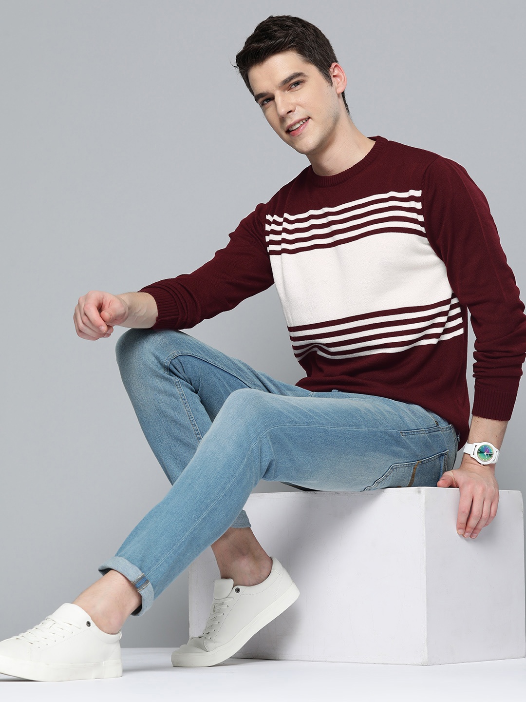 

Mast & Harbour Men Maroon & White Striped Pullover