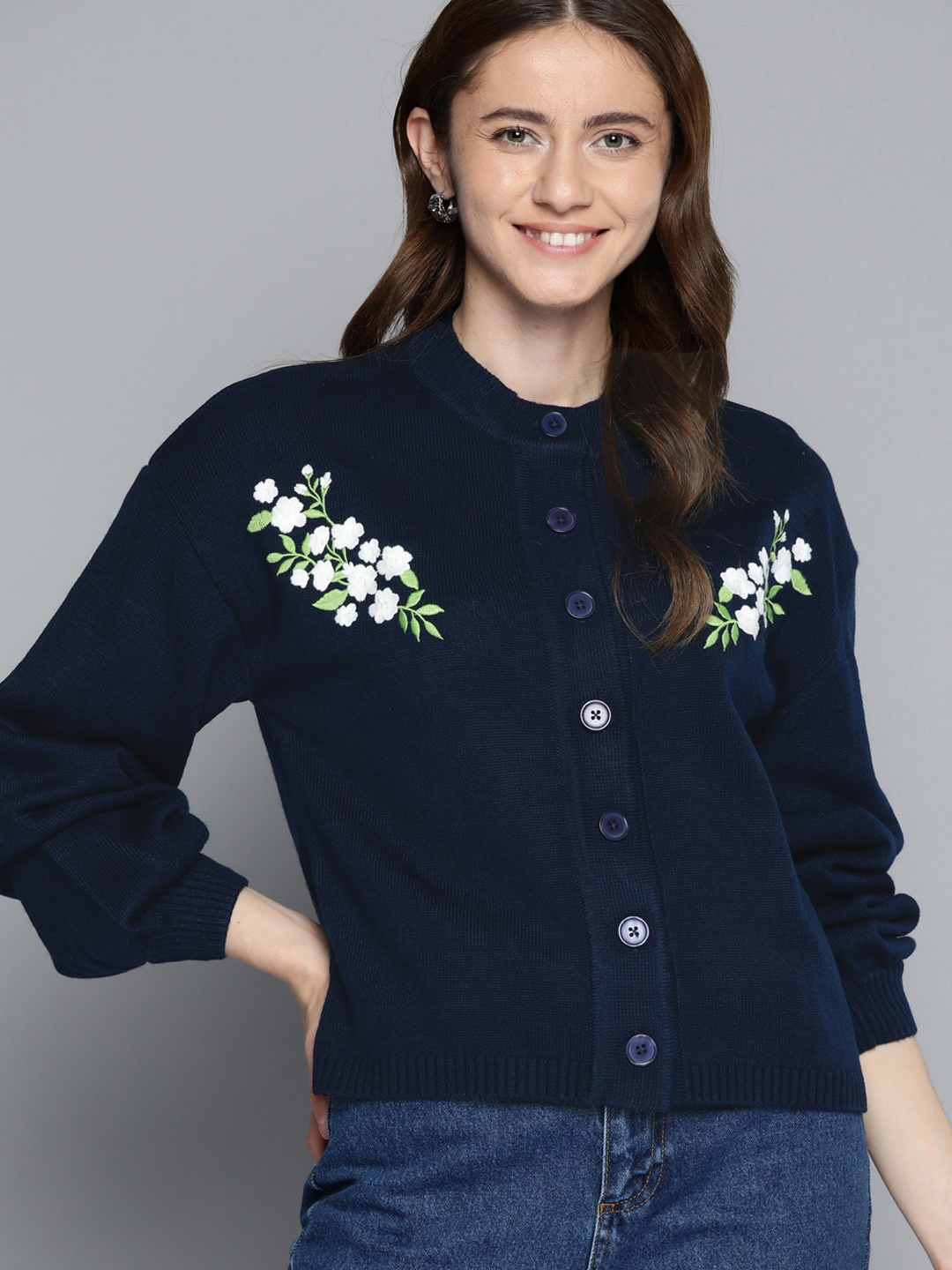 

Mast & Harbour Acrylic Floral Cardigan With Applique Detail, Navy blue