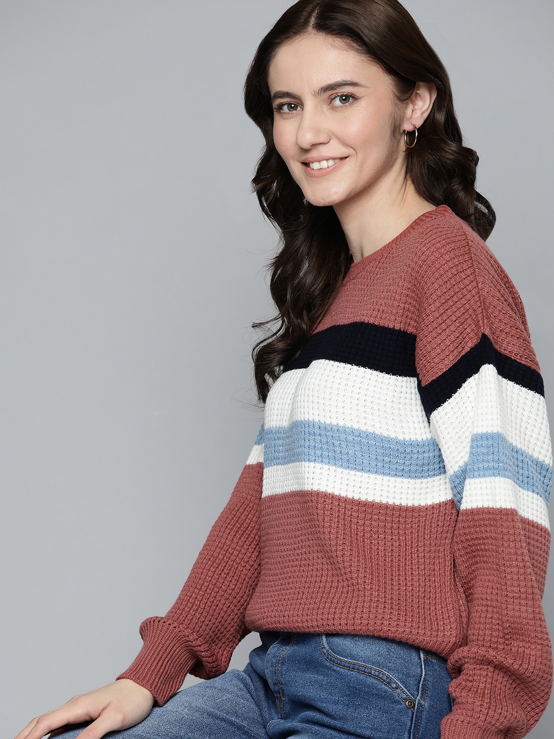 

Mast & Harbour Women Dusty Pink & White Acrylic Self-Design Striped Pullover, Rose