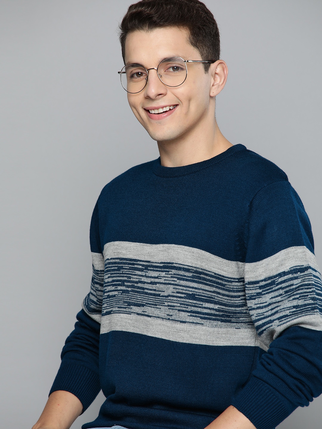 

Mast & Harbour Men Teal Blue & Grey Striped Pullover