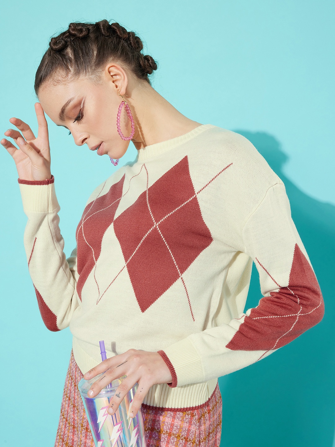 

Mast & Harbour Women Classy Off White Argyle Argyle Sweater