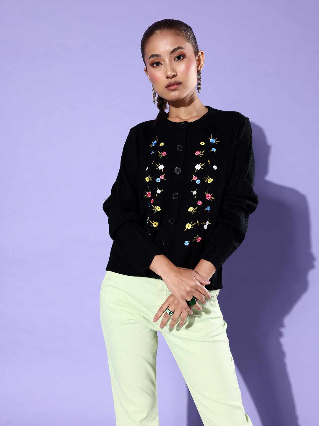 

Mast & Harbour Women Black Floral Embroidered Acrylic Cardigan