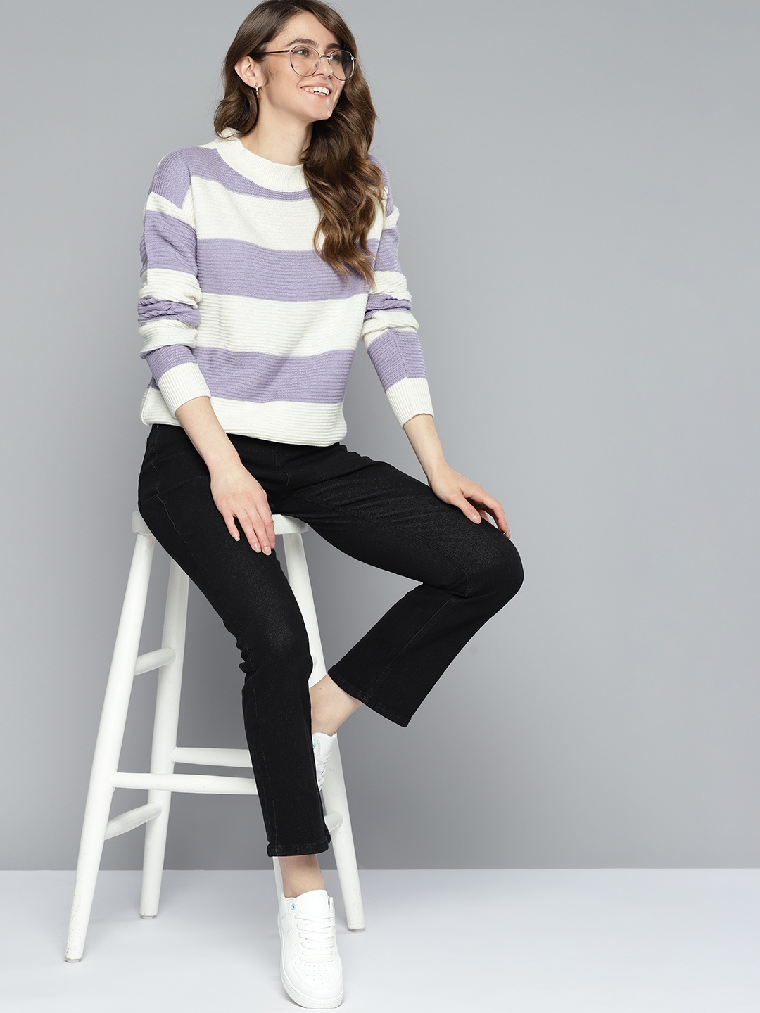 

Mast & Harbour Women White & Lavender Striped Acrylic Sweater