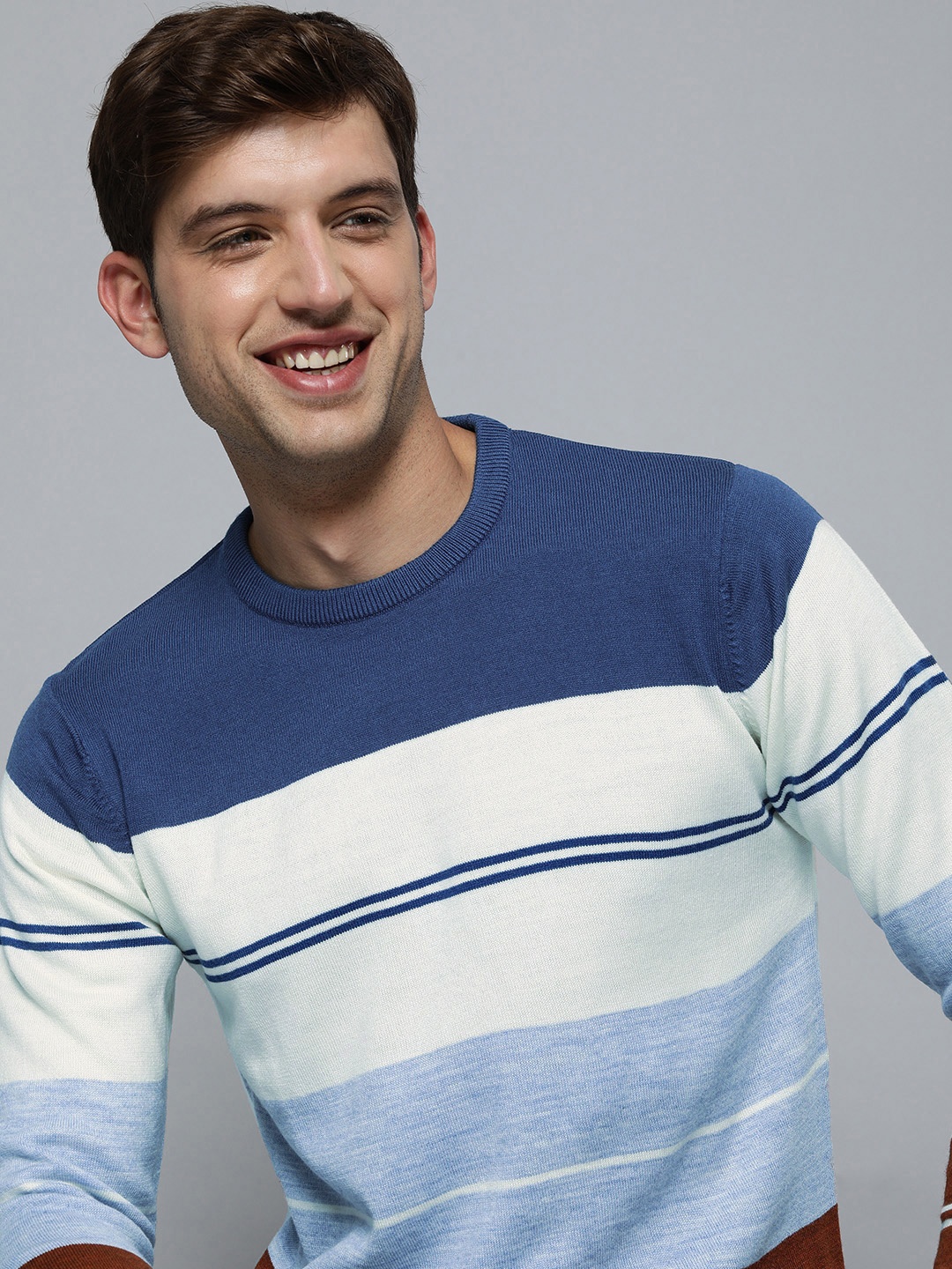 

Mast & Harbour Men Blue & White Round Neck Striped Pullover