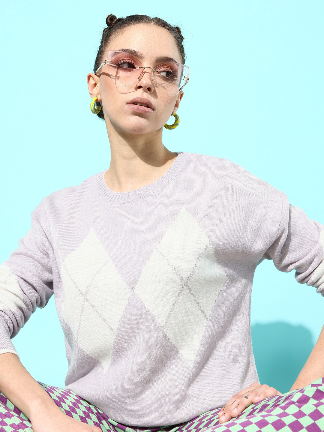 

Mast & Harbour Women Lavender & White Argyle Printed Pullover