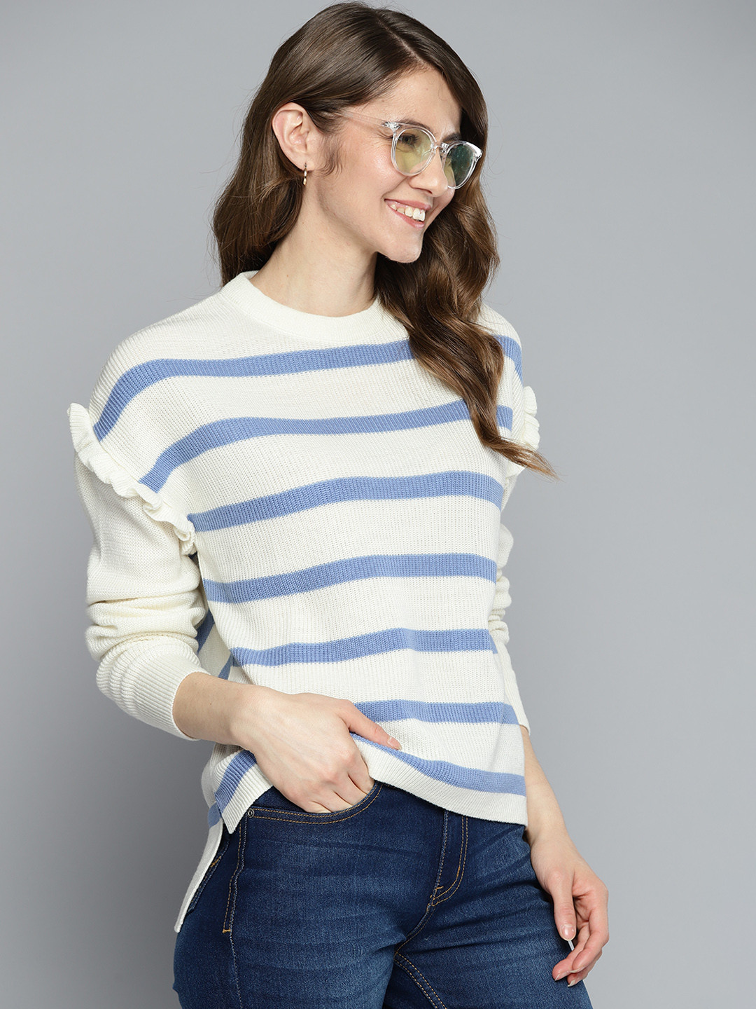 

Mast & Harbour Women White & Blue Striped Acrylic Sweater