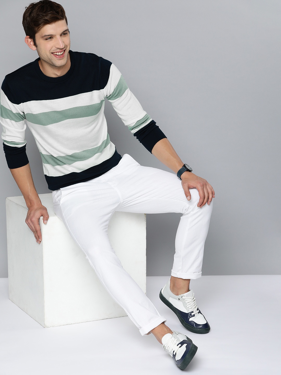 

Mast & Harbour Men Navy Blue & White Striped Pullover Sweater