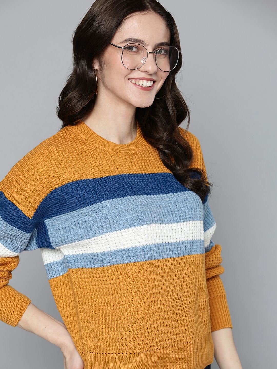 

Mast & Harbour Women Mustard Yellow & Blue Acrylic Self-Design Striped Pullover