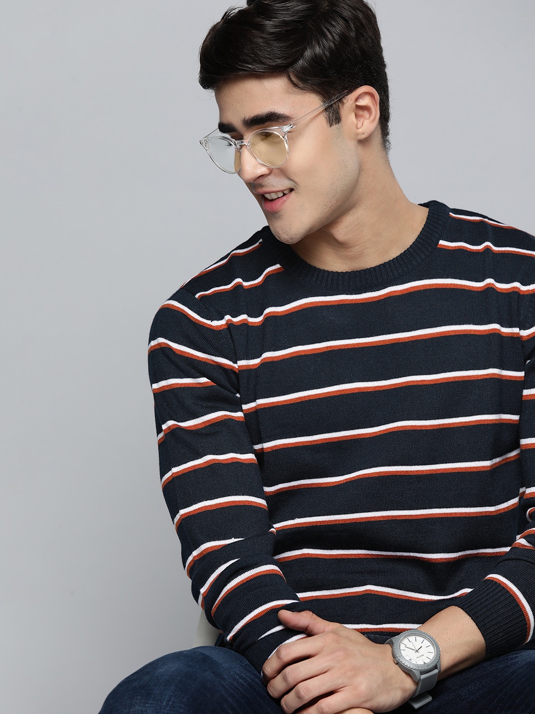 

Mast & Harbour Men Navy Blue & White Striped Pullover Sweater
