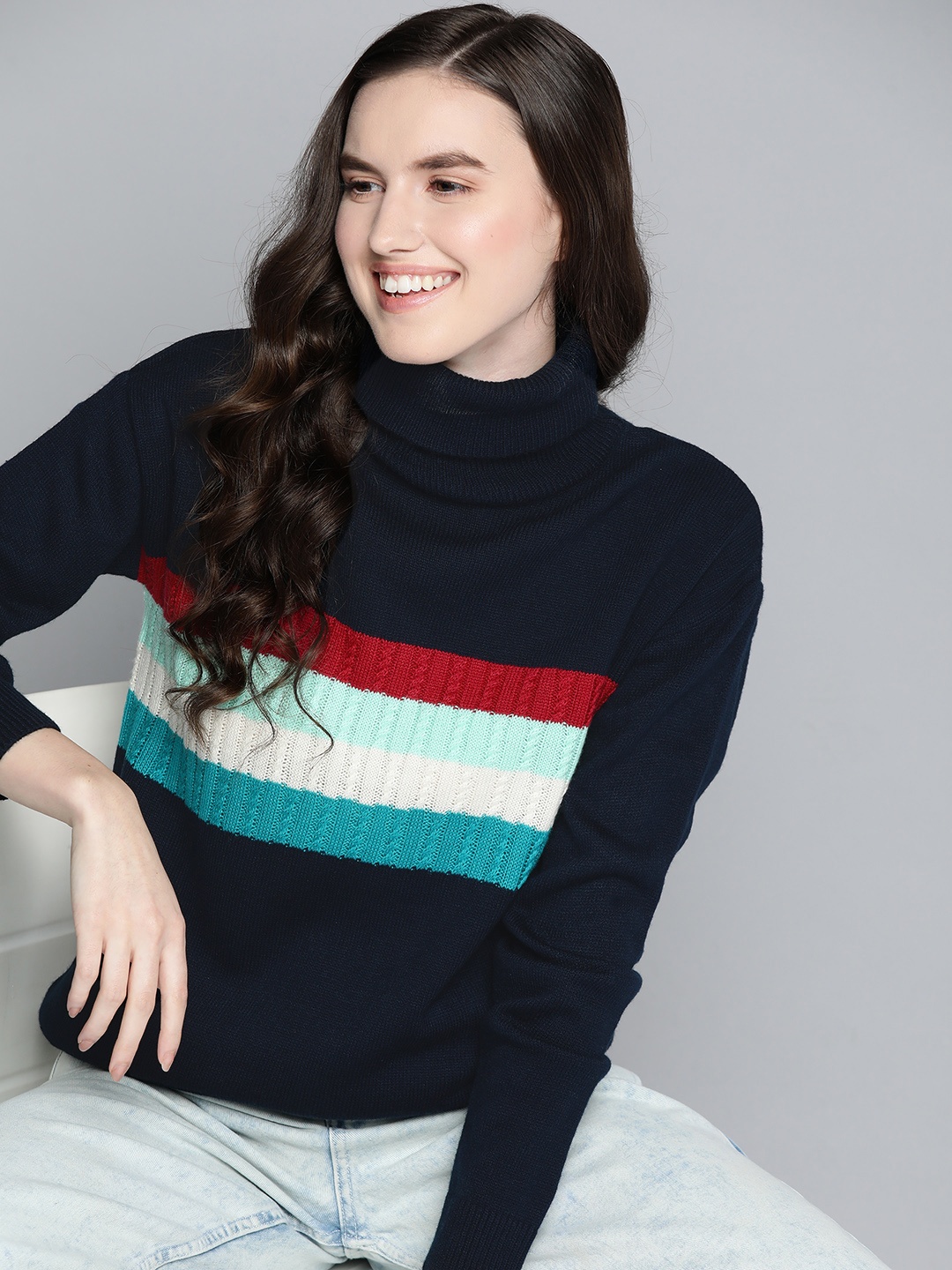 

Mast & Harbour Women Navy Blue & White Striped Acrylic Turtle Neck Pullover