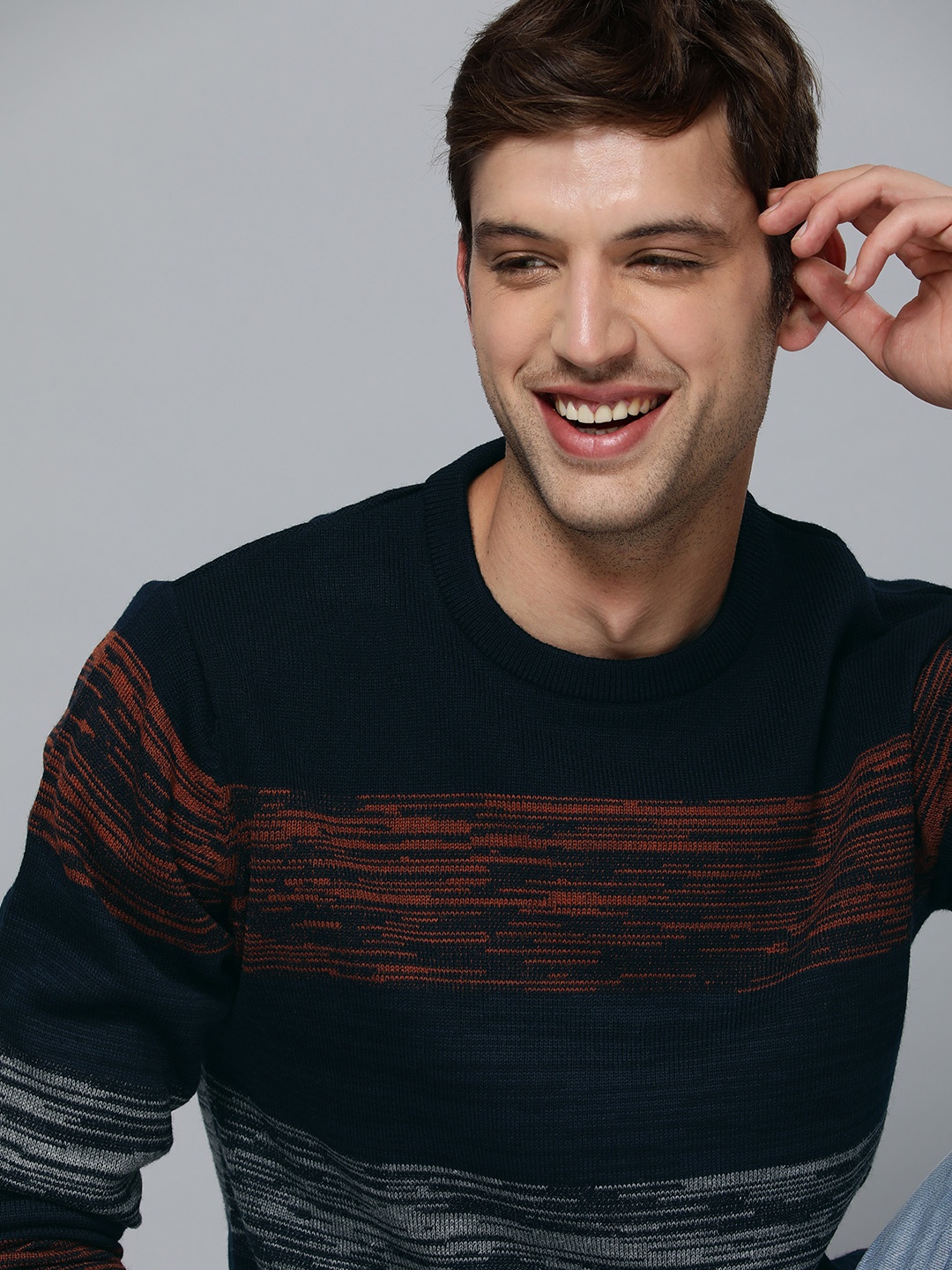 

Mast & Harbour Men Navy Blue & Rust Orange Striped Pullover Sweater