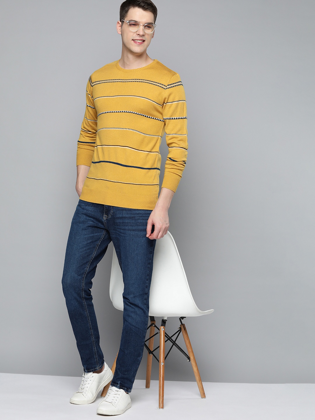 

Mast & Harbour Men Mustard Yellow Striped Acrylic Pullover