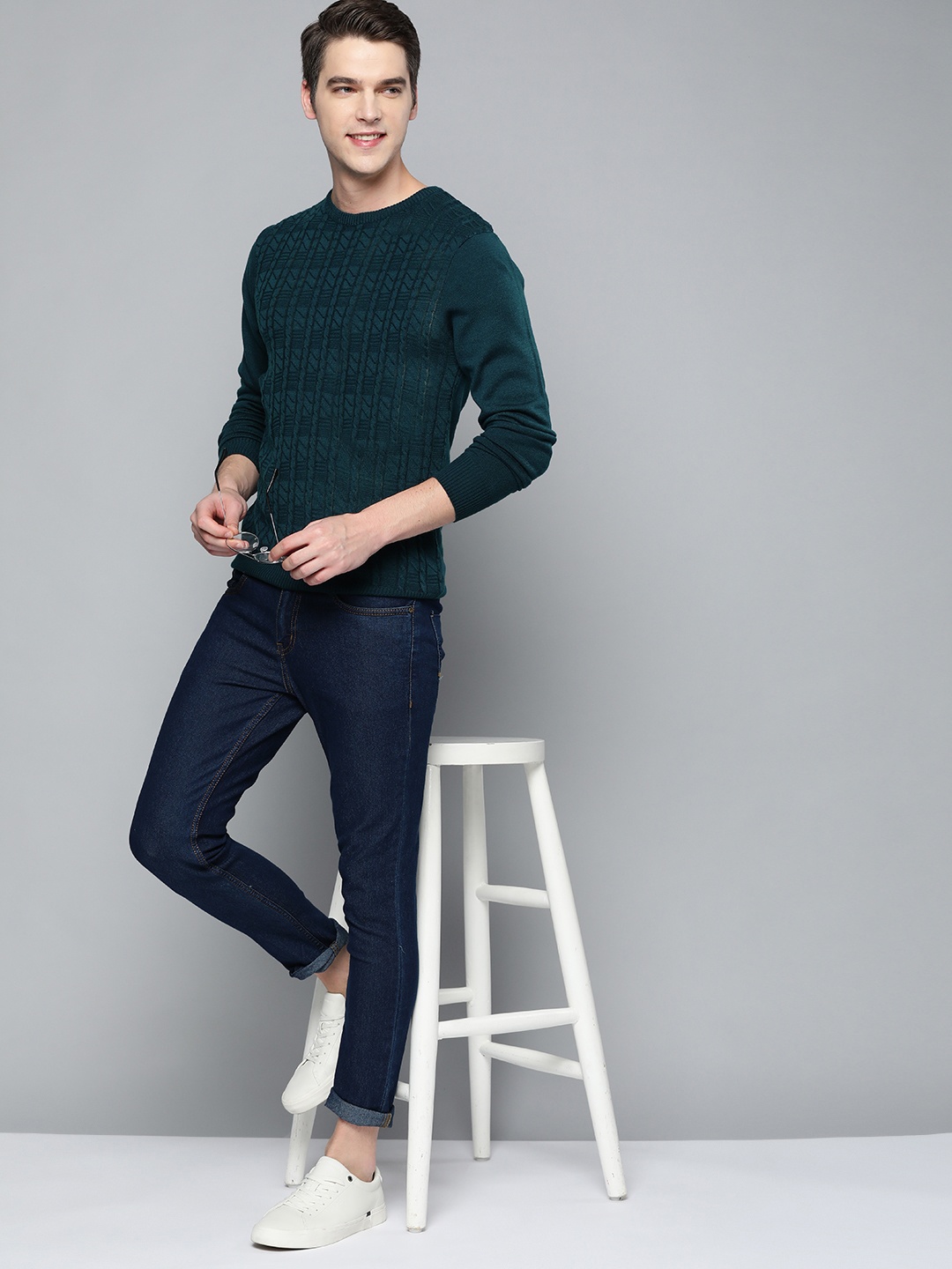 

Mast & Harbour Men Teal Green Solid Cable Knit Pullover