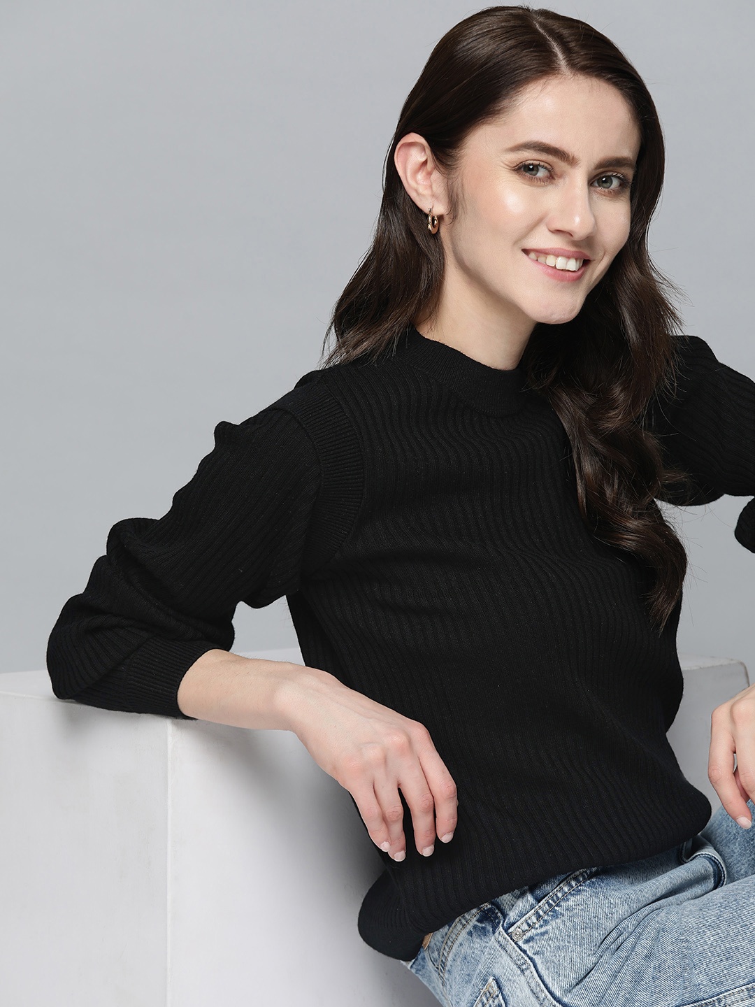 

Mast & Harbour Women Black Ribbed Pullover