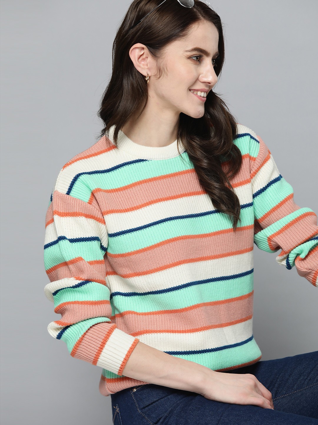 

Mast & Harbour Women Orange & Off White Striped Striped Pullover