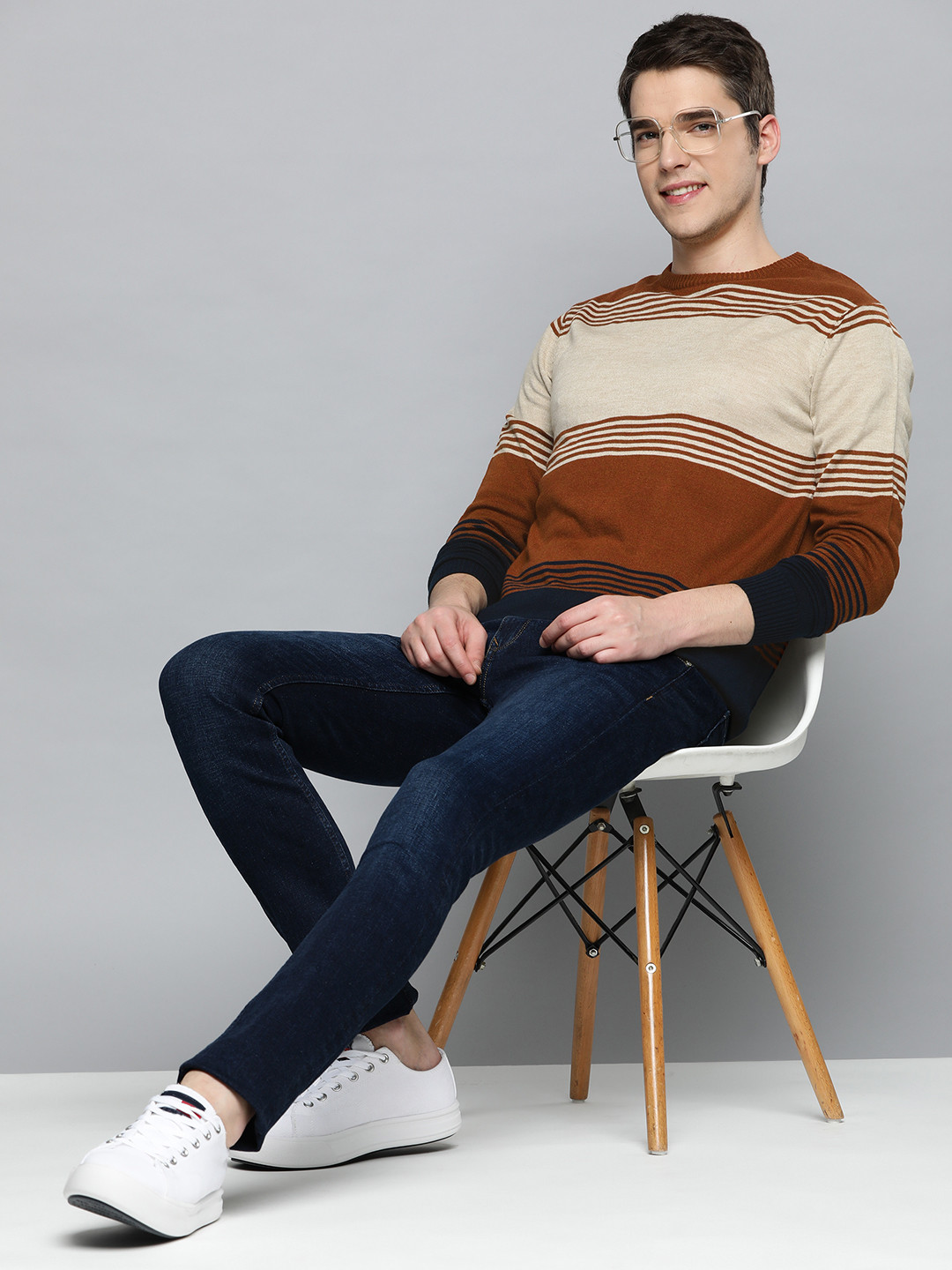 

Mast & Harbour Men Beige & Rust Brown Striped Pullover