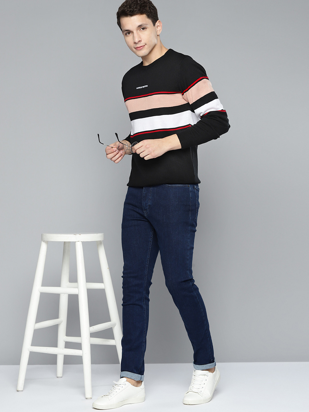 

Mast & Harbour Men Black & White Striped Pullover