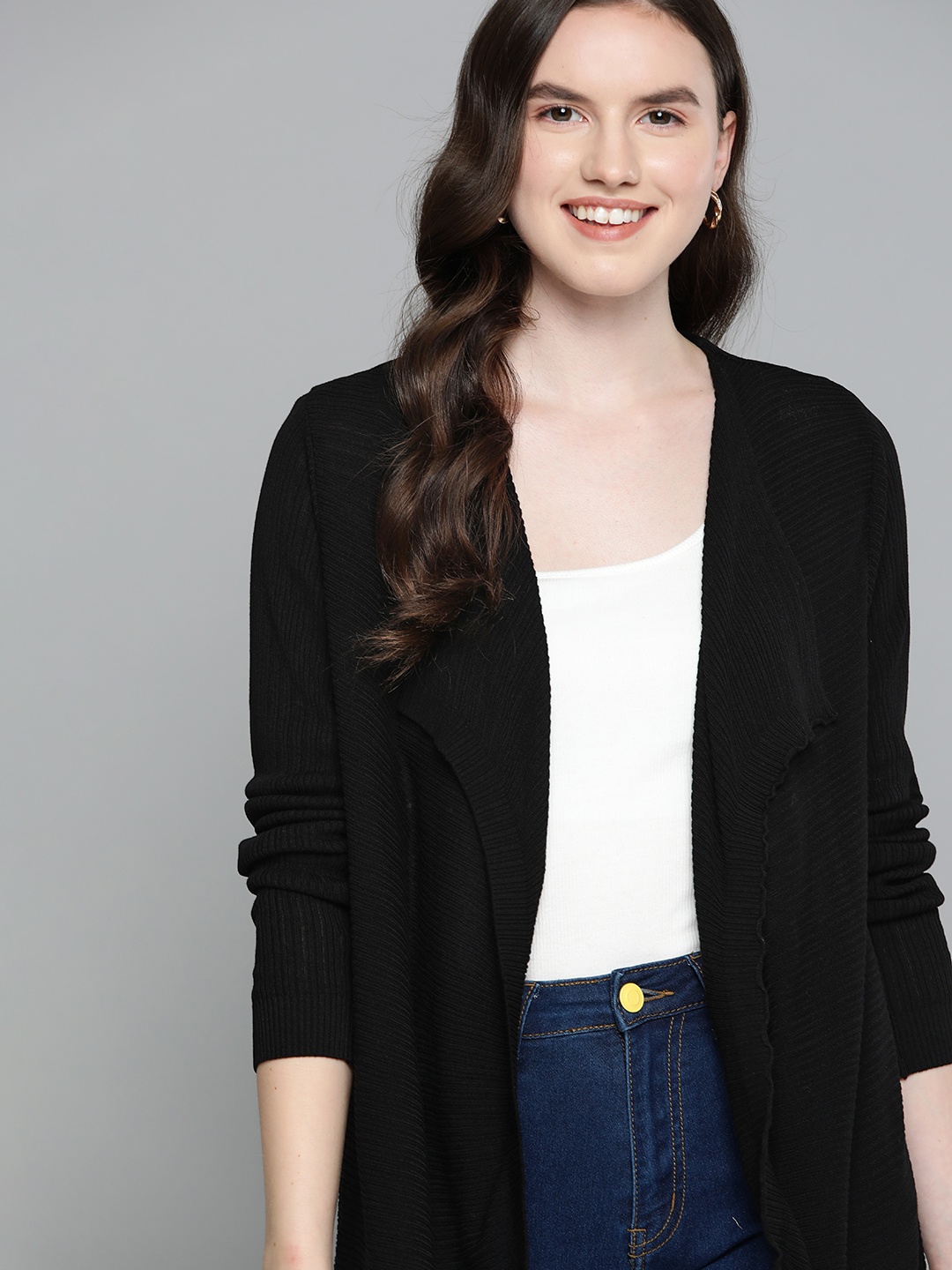 

Mast & Harbour Women Self-Striped Front-Open Sweater, Black