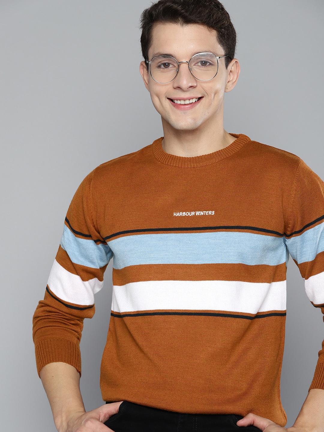 

Mast & Harbour Men Brown & White Striped Pullover