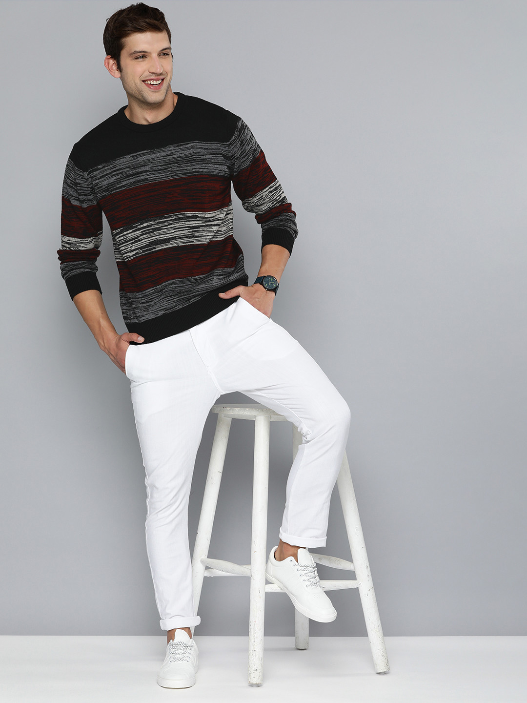 

Mast & Harbour Men Black & Grey Striped Pullover Sweater