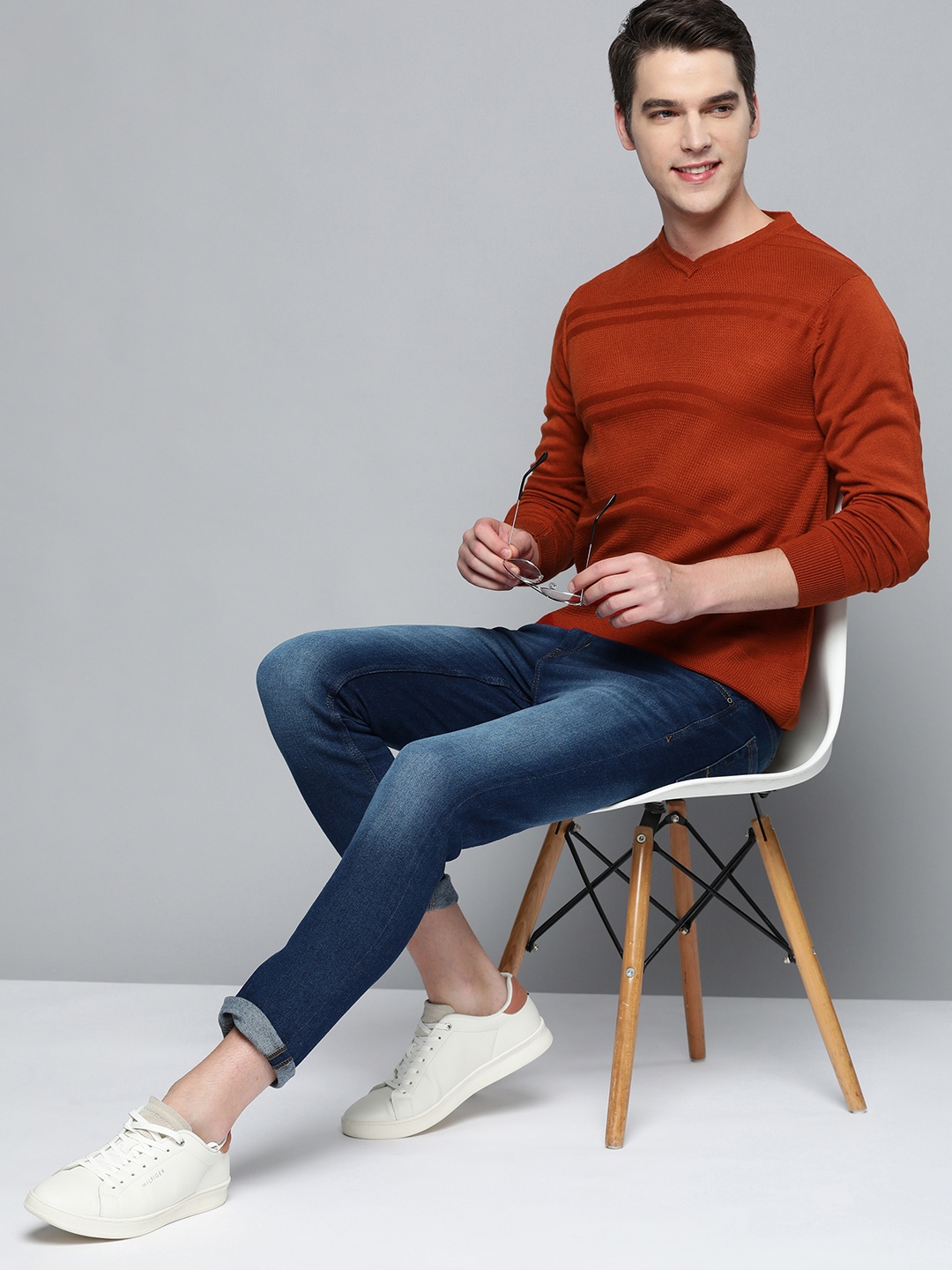 

Mast & Harbour Men Rust Orange Self-Design Pullover