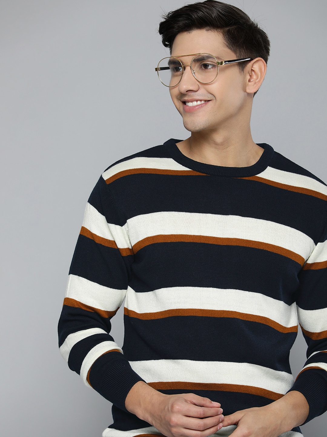 

Mast & Harbour Men Striped Pullover Sweater, Navy blue