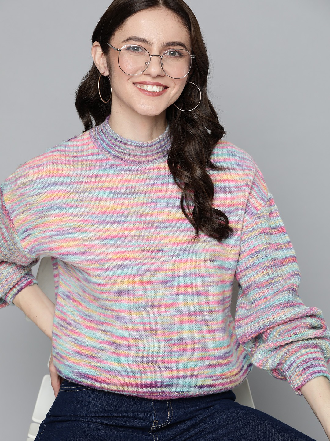

Mast & Harbour Women Blue & Pink Self-Striped Acrylic Drop-Shoulder Sleeves Pullover
