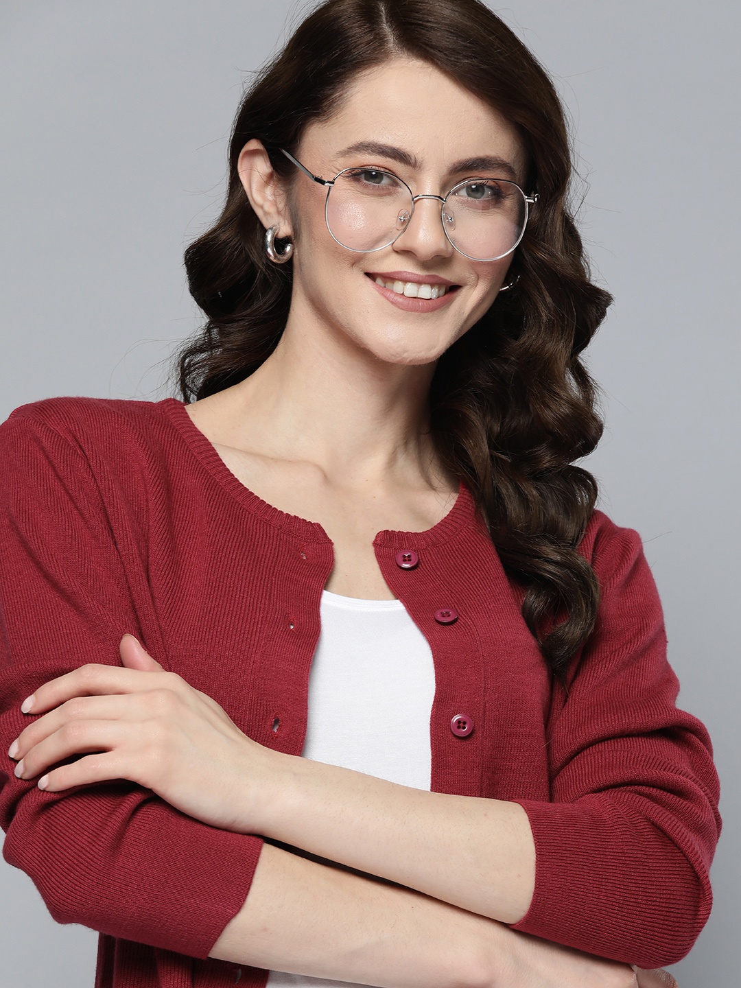 

Mast & Harbour Women Magenta Solid Acrylic Cardigan