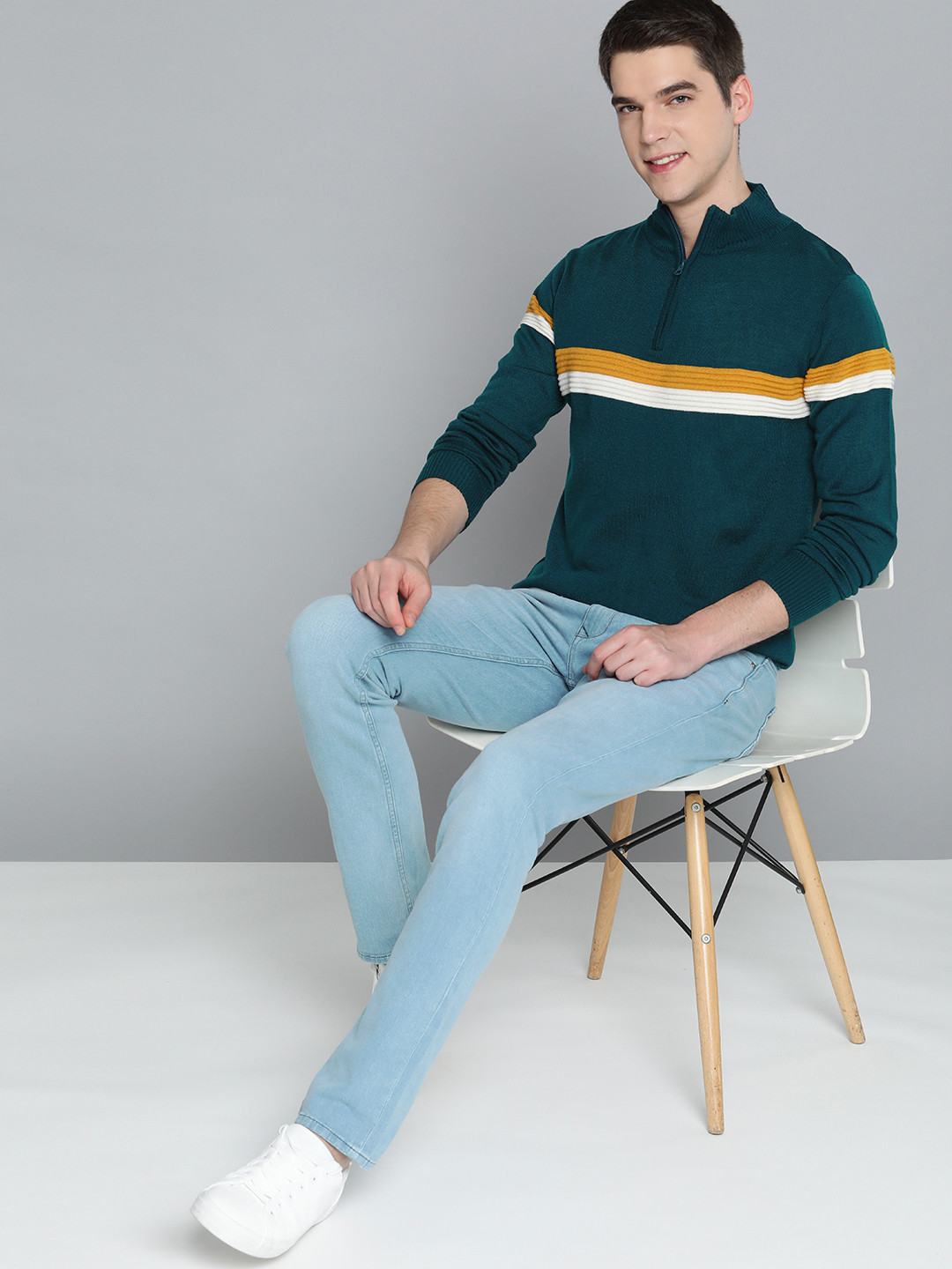 

Mast & Harbour Men Teal Green & Mustard Yellow Acrylic Striped Pullover