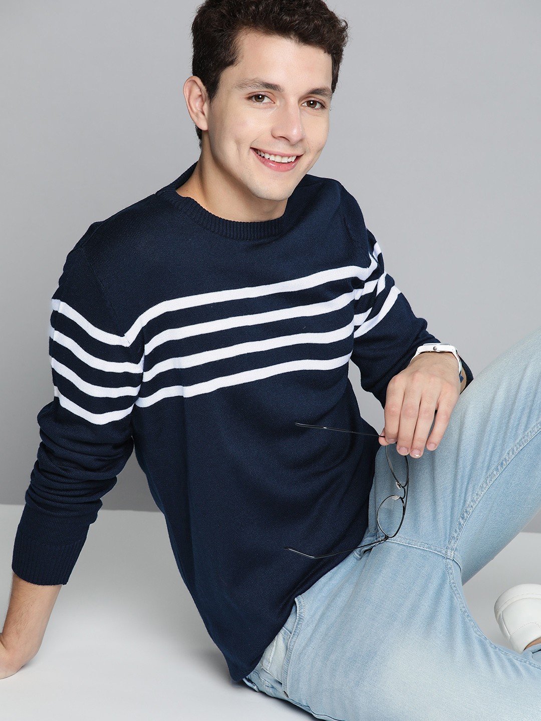 

Mast & Harbour Men Navy Blue & White Acrylic Striped Pullover