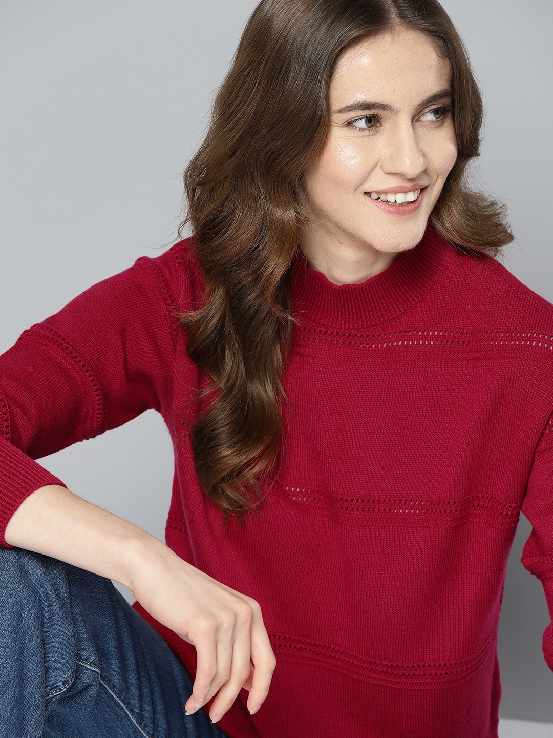 

Mast & Harbour Women Maroon Striped Pullover