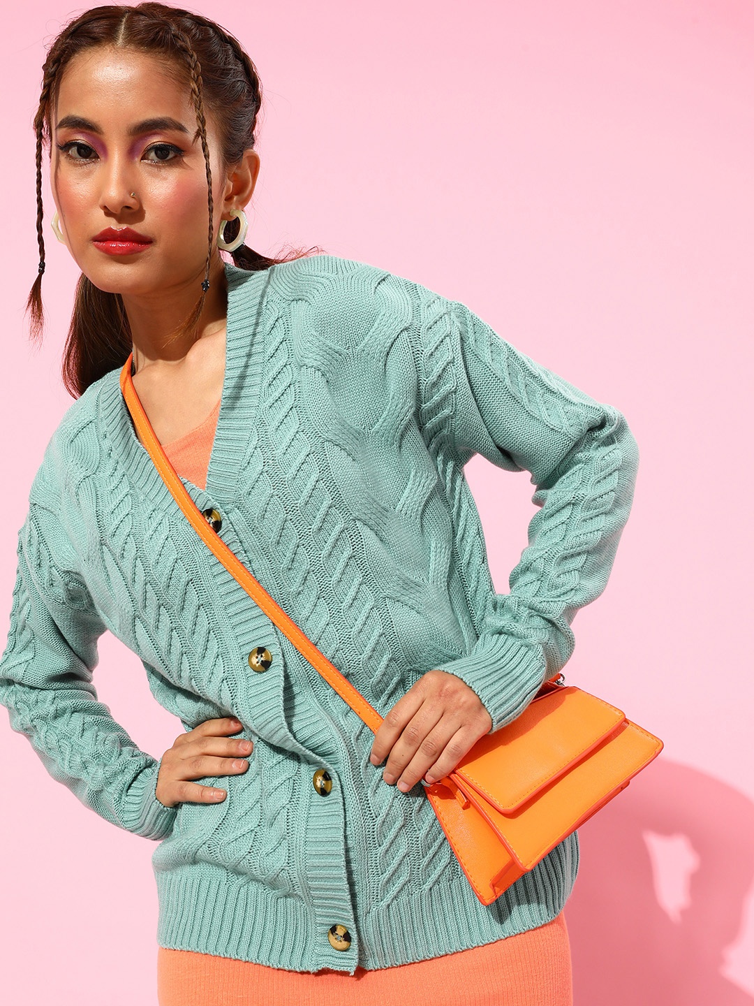 

Mast & Harbour Women Acrylic Cable Knit Cardigan Sweater, Green