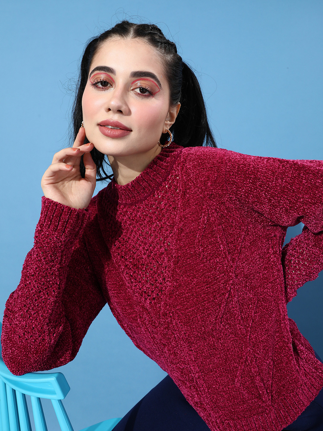 

Mast & Harbour Women Maroon Self Design Pullover