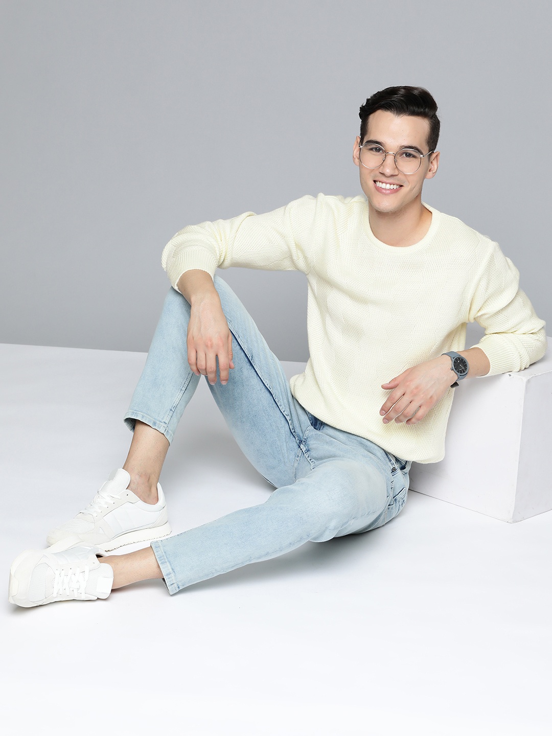 

Mast & Harbour Men Off White Self Design Pullover