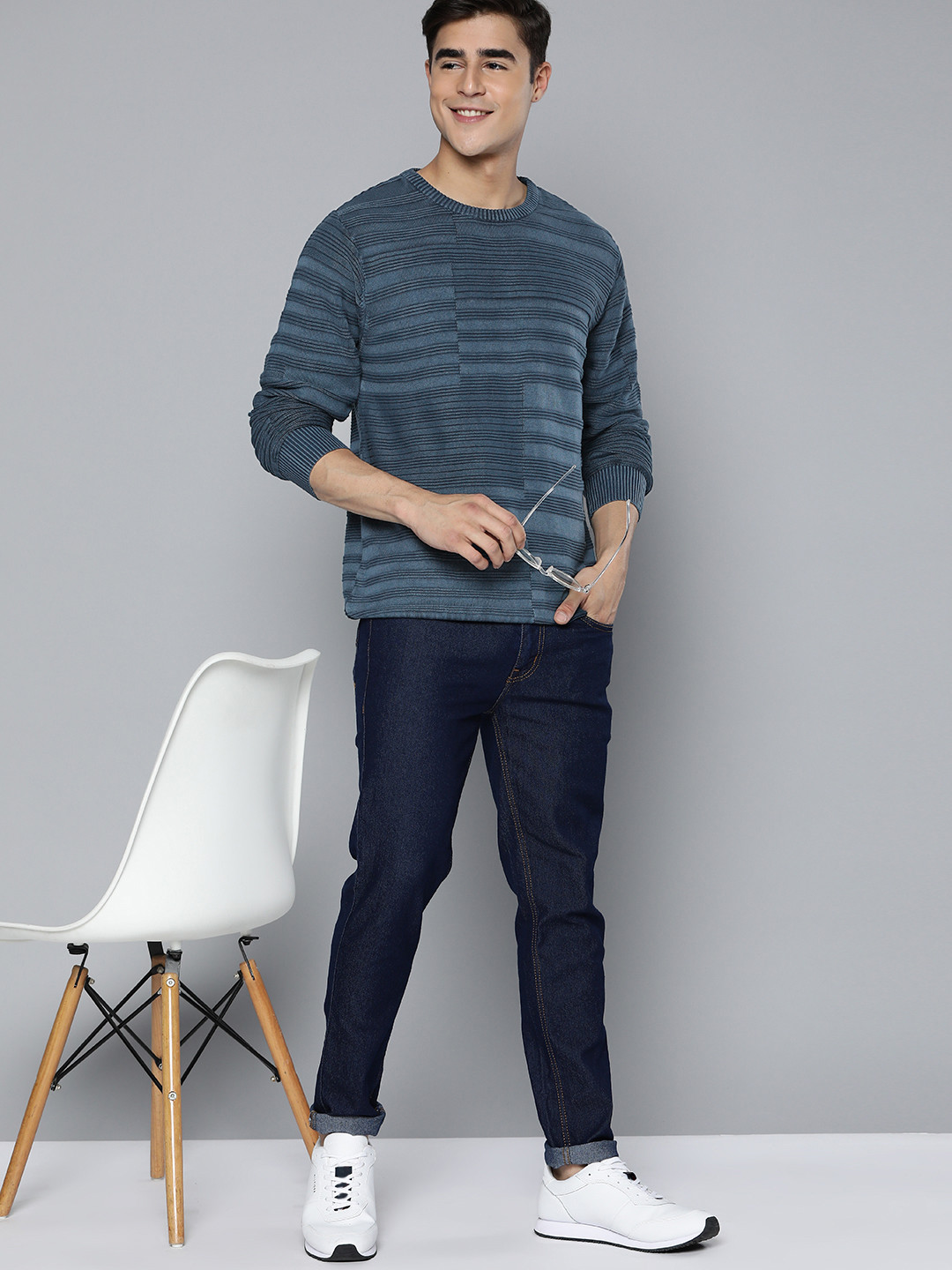 

Mast & Harbour Self Striped Cotton Pullover, Blue