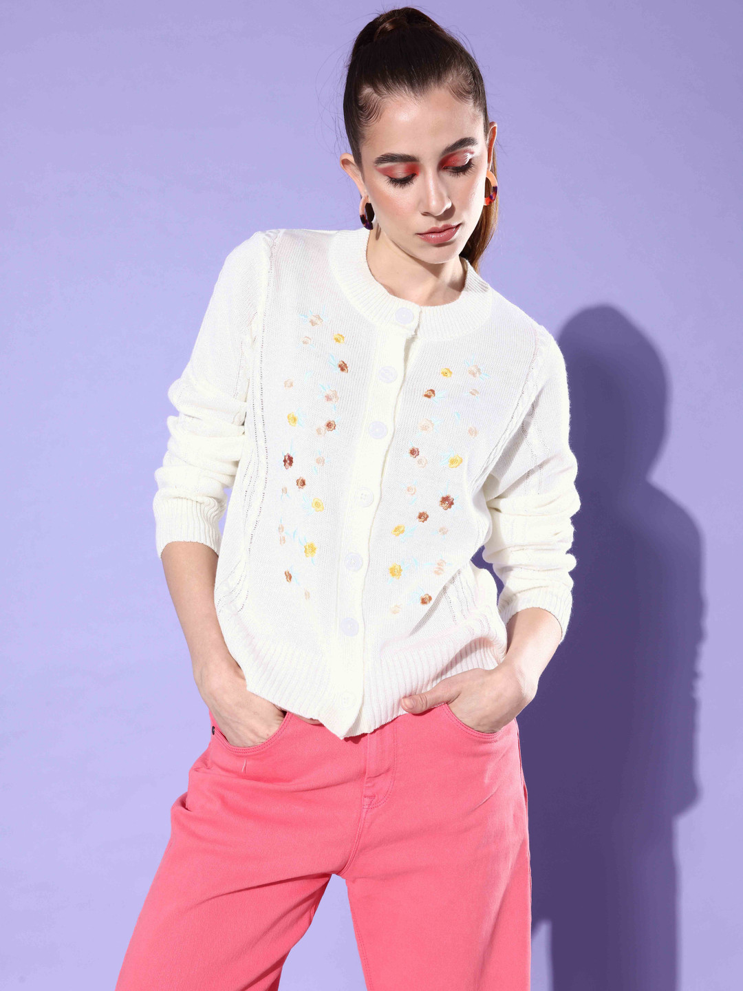 

Mast & Harbour Women Off White Floral Embroidered Acrylic Cardigan