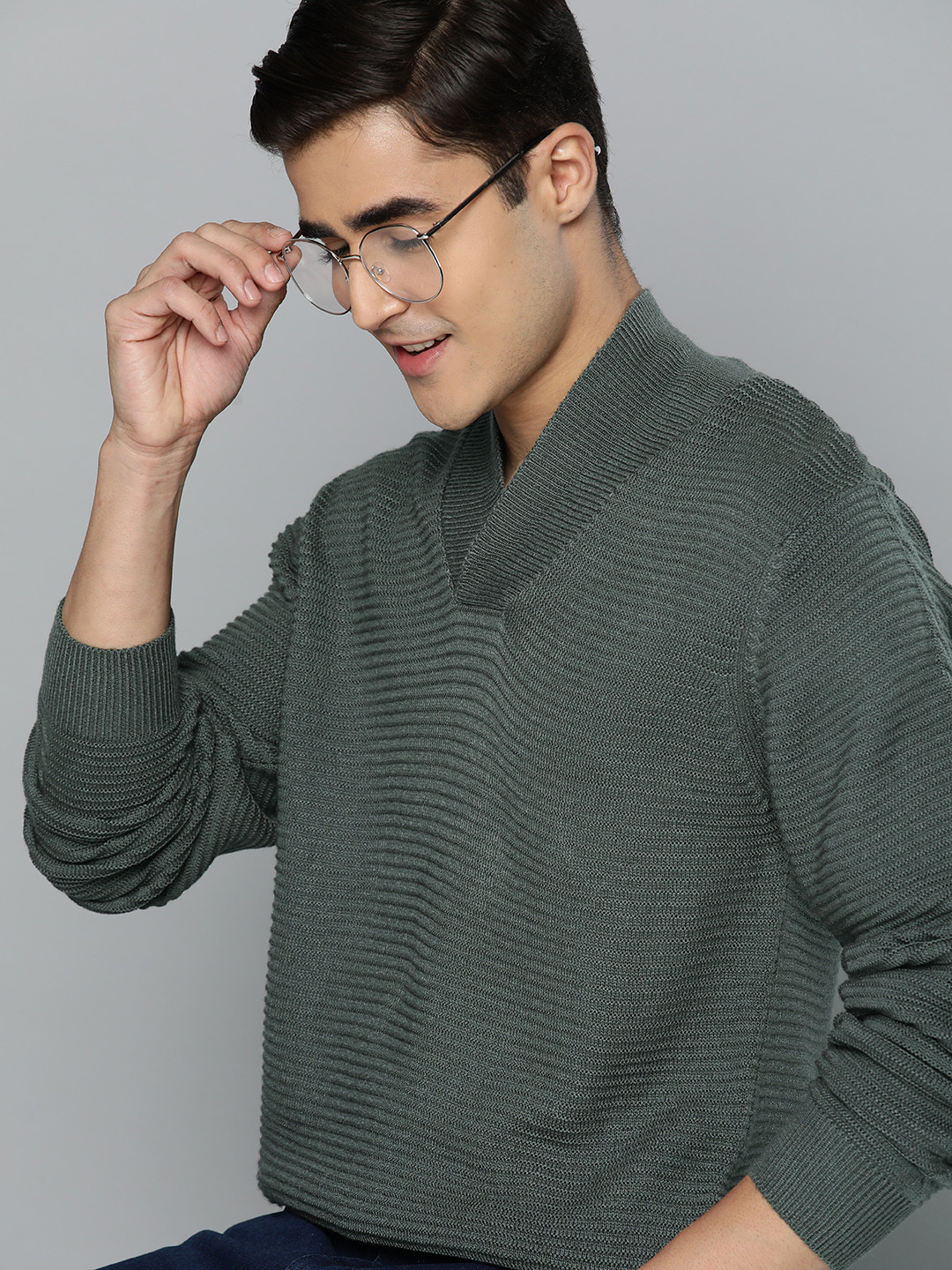 

Mast & Harbour Men Charcoal Grey Self-Striped Pullover