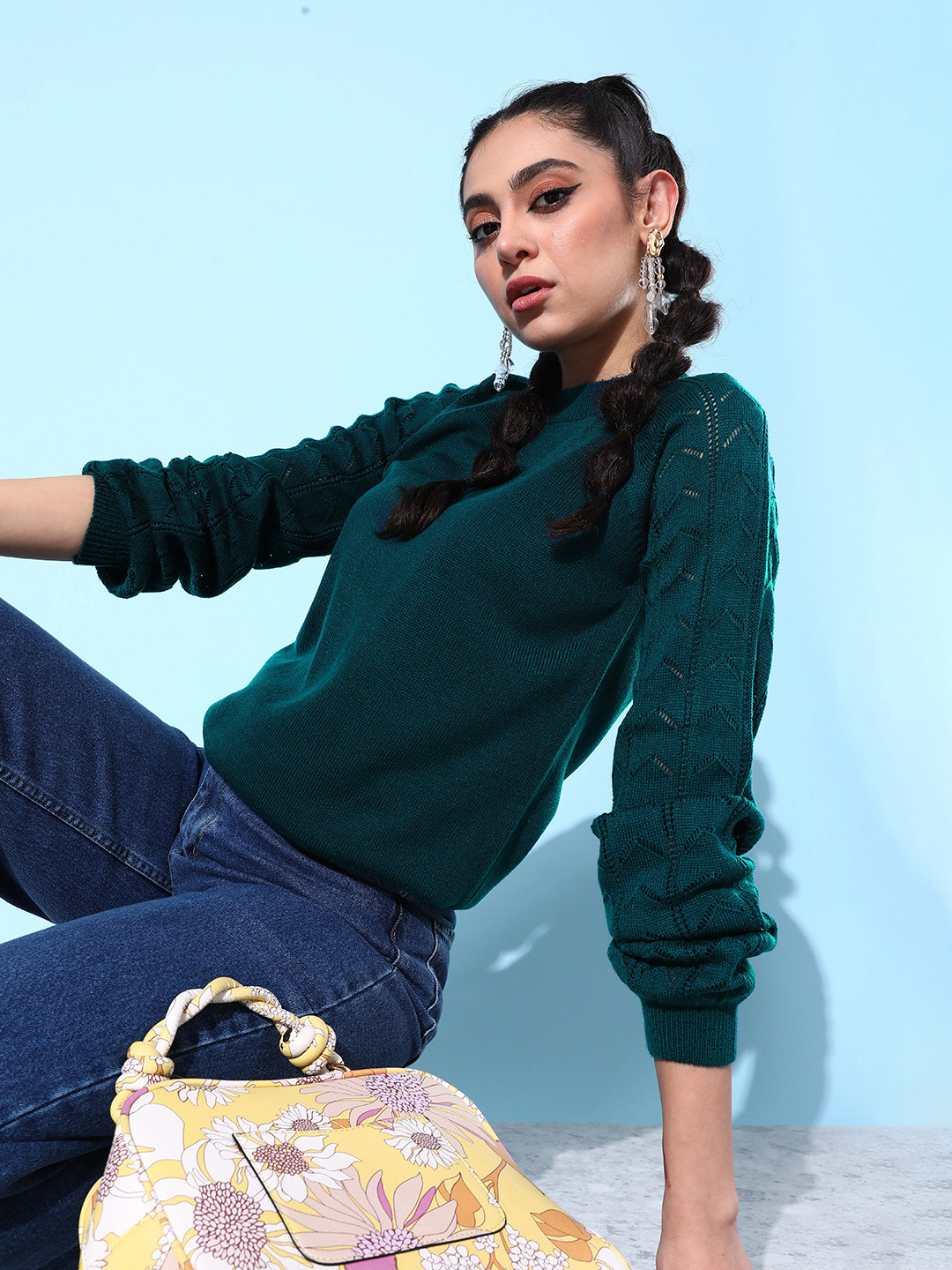 

Mast & Harbour Women Self Design Open Knit Pullover Sweater, Teal