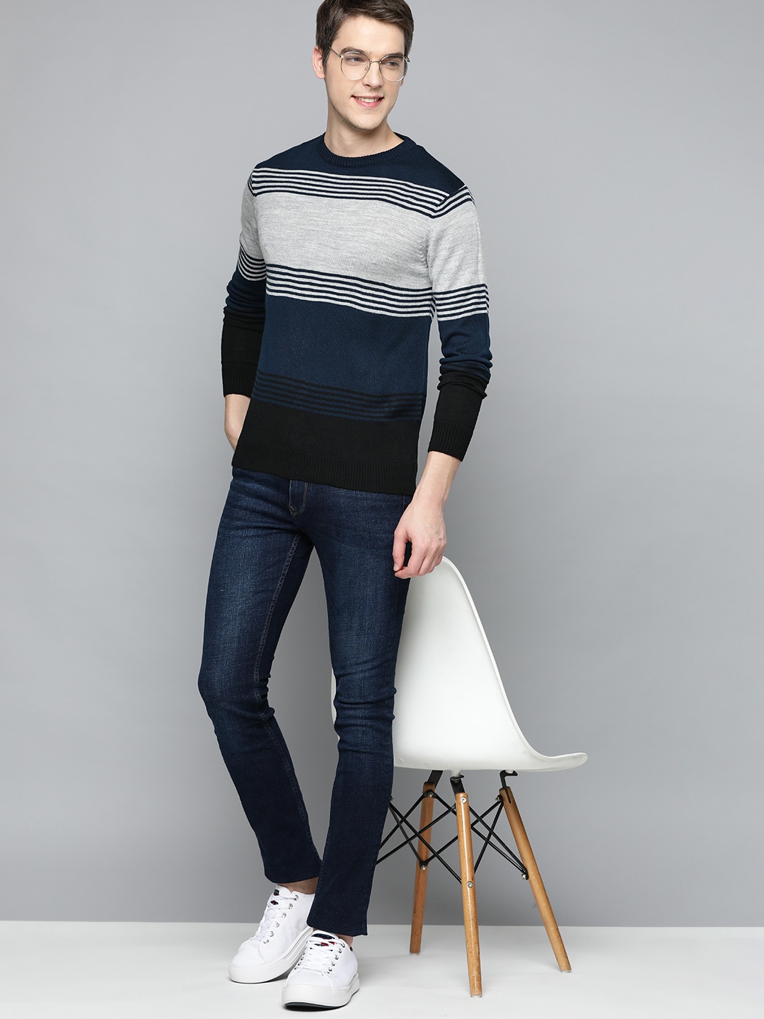 

Mast & Harbour Men Navy Blue & Grey Striped Acrylic Sweater