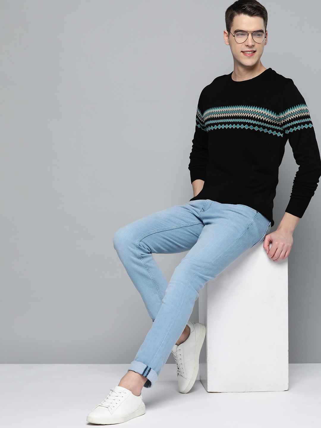 

Mast & Harbour Men Black & Blue Acrylic Geometric Pattern Pullover