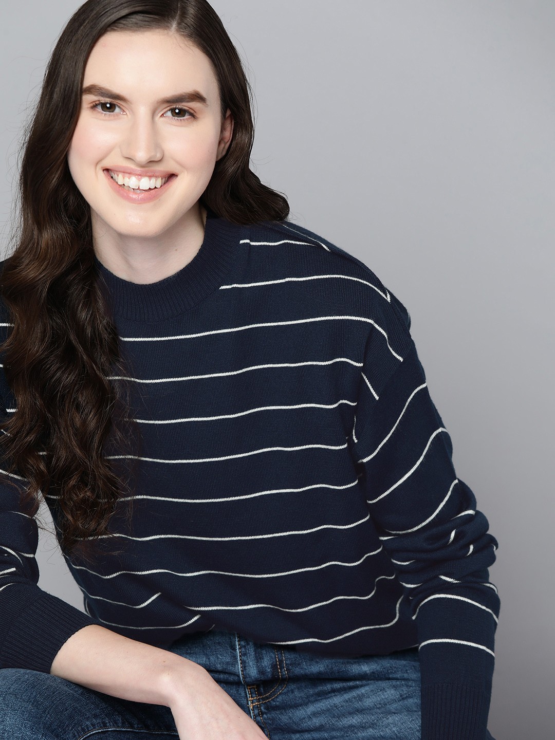 

Mast & Harbour Women- Navy Blue & White Striped Acrylic Pullover