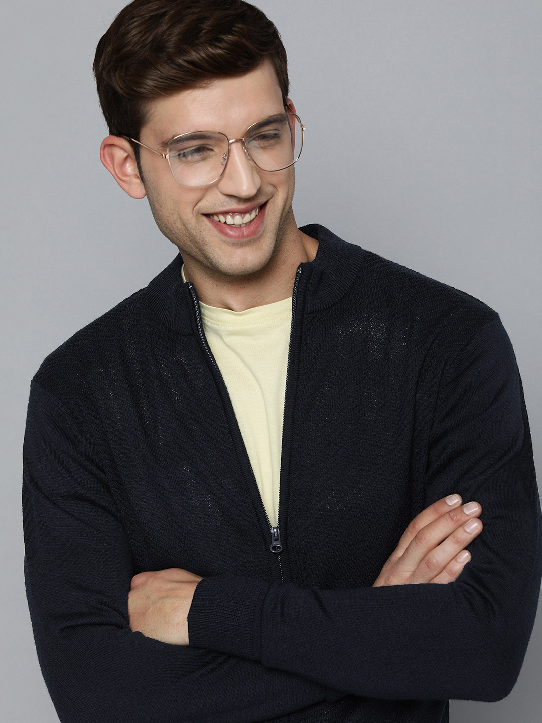 

Mast & Harbour Men Navy Blue Self Design Front-Open Sweater