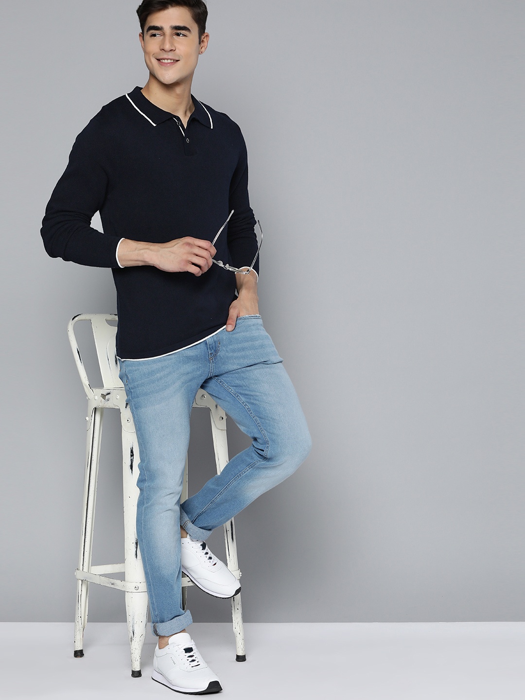 

Mast & Harbour Self Design Polo Collar Pullover, Navy blue