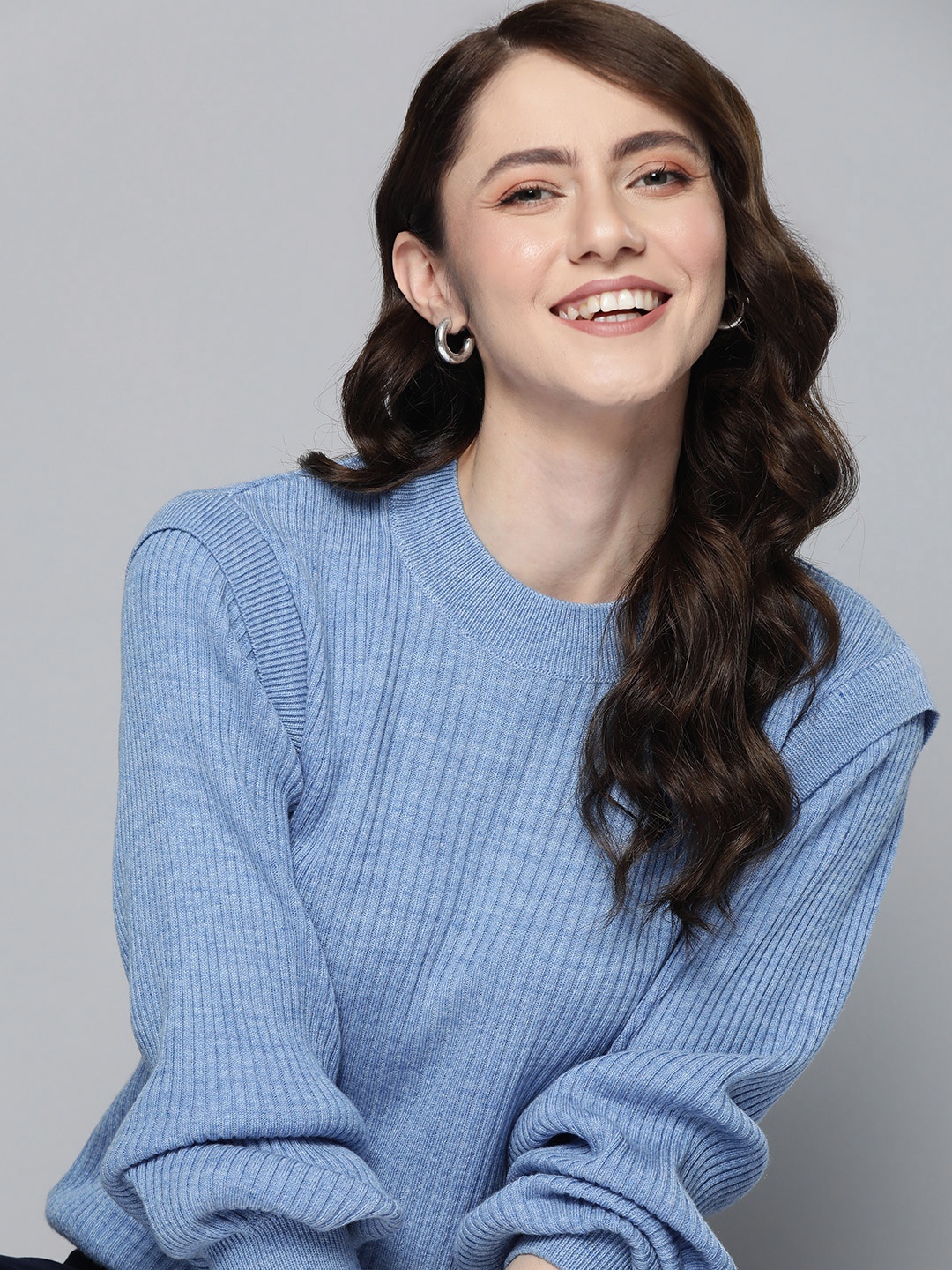 

Mast & Harbour Women Blue Ribbed Acrylic Bishop Sleeves Pullover
