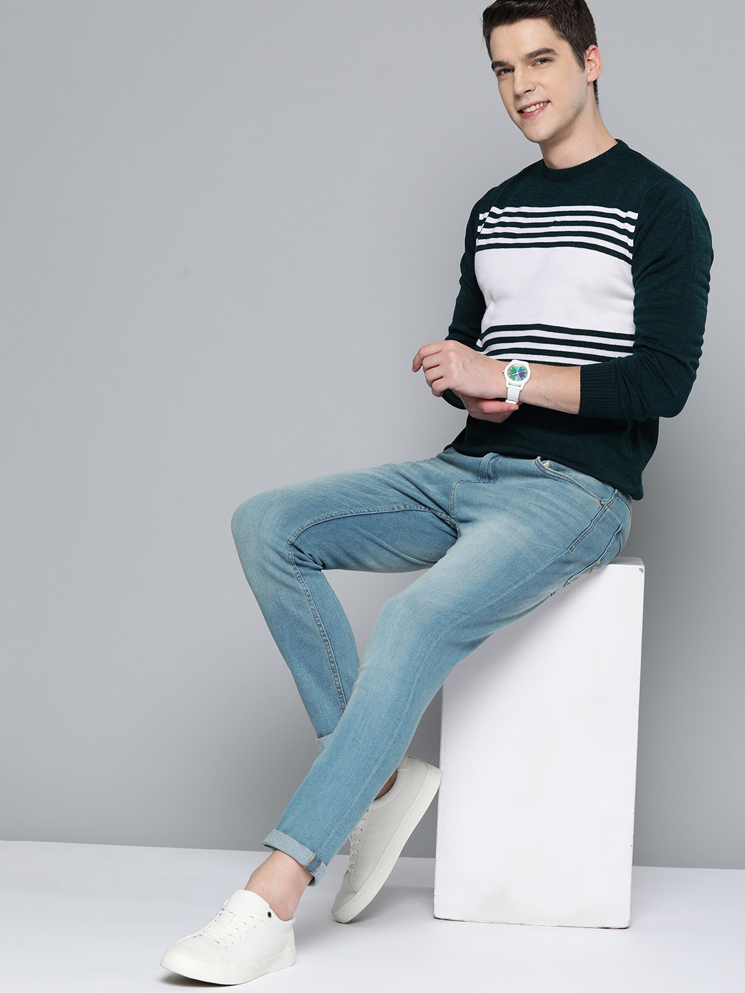 

Mast & Harbour Men Teal Green & White Striped Pullover