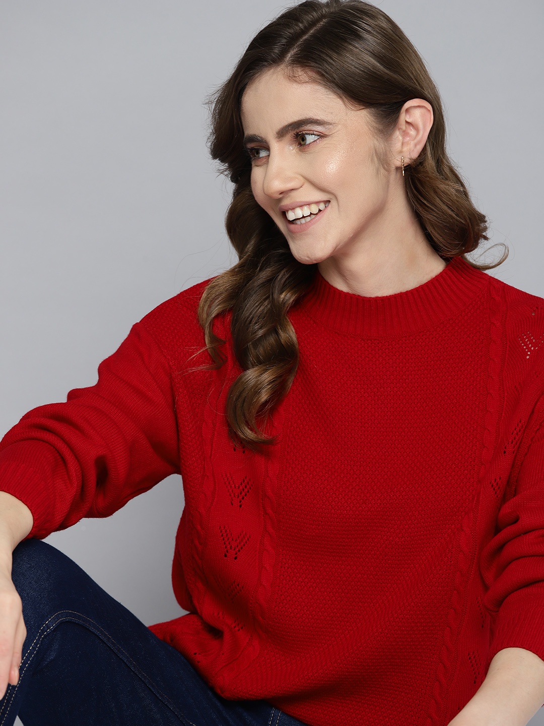 

Mast & Harbour Women Red Cable Knit Acrylic Pullover