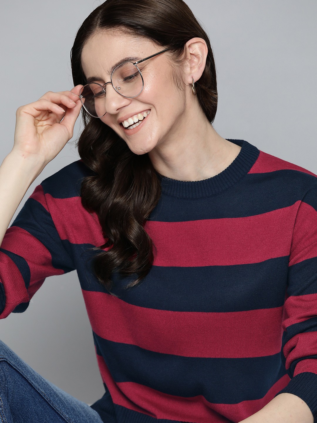 

Mast & Harbour Women Navy Blue & Magenta Acrylic Striped Drop-Shoulder Sleeves Pullover