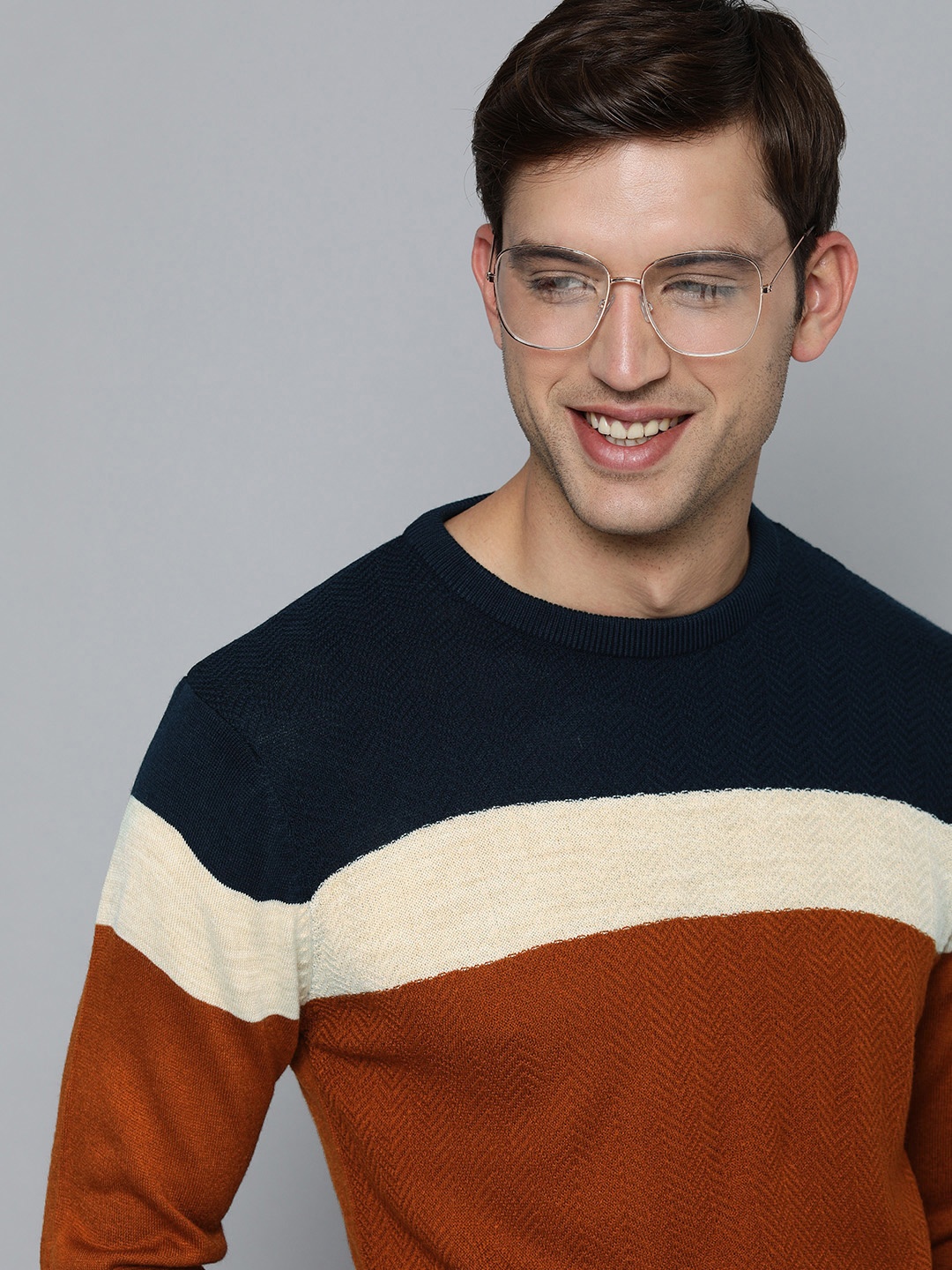 

Mast & Harbour Men Rust & Blue Round Neck Striped Pullover