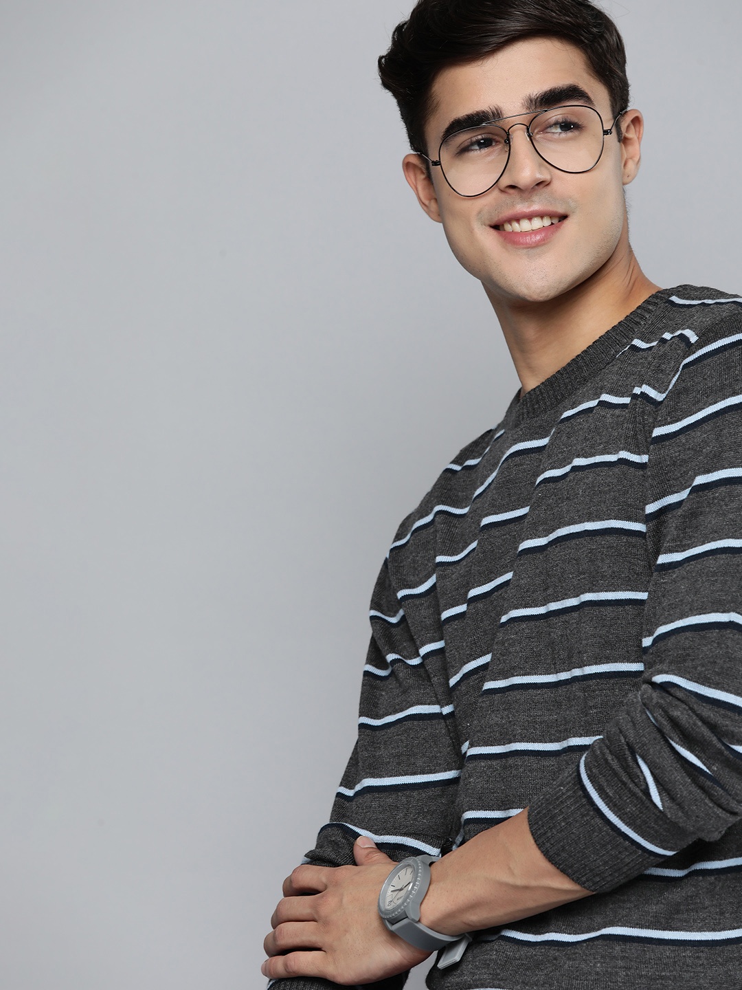 

Mast & Harbour Men Charcoal Grey & Blue Striped Pullover Sweater